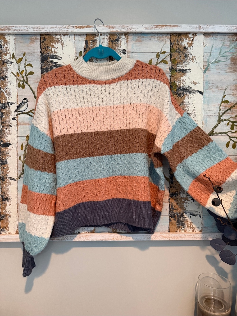 89th & Madison Multicolor Striped Cable-Knit Sweater in Peach, Cream & Blue-Grey